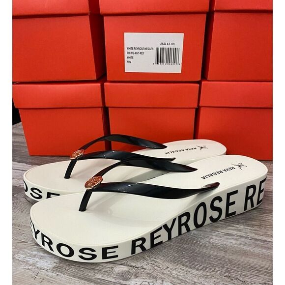 Reya Rosette Regalia White Black Wedge Flip Flop Sandal Sz 10M - Picture 3 of 5